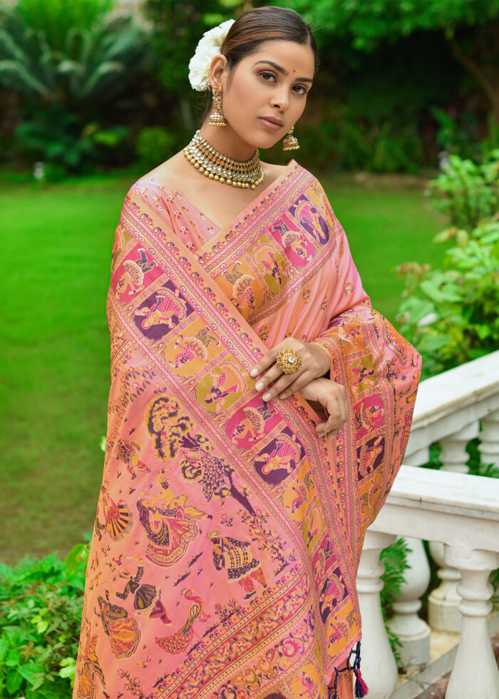 Peach Kashmiri Jamawar Silk Saree