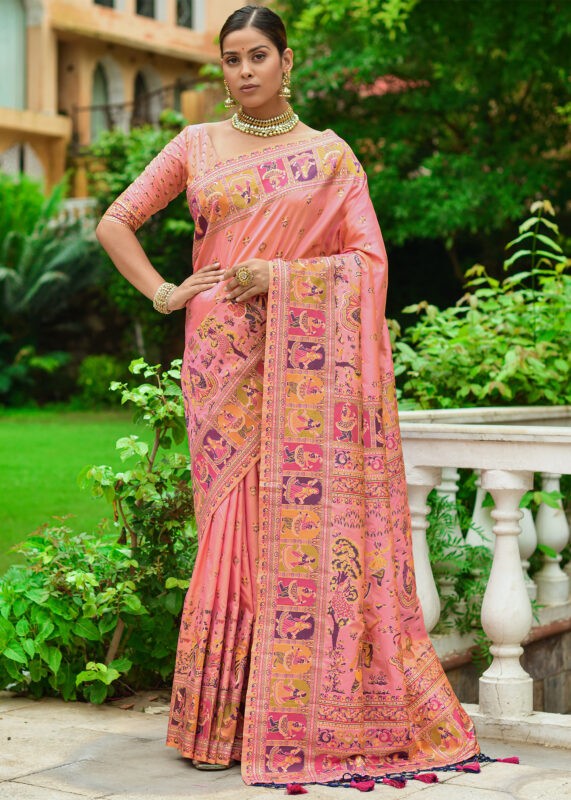 Peach Kashmiri Jamawar Silk Saree