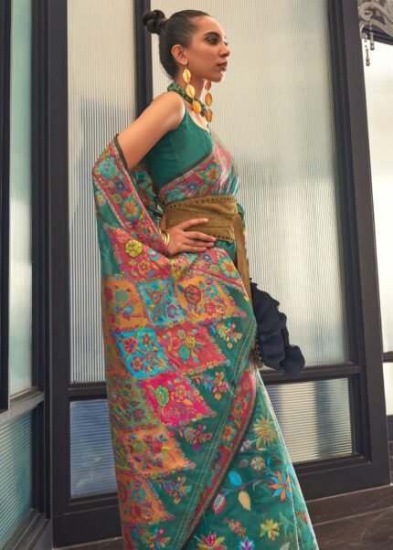 Pine Green Kashmiri Jamawar Silk Saree