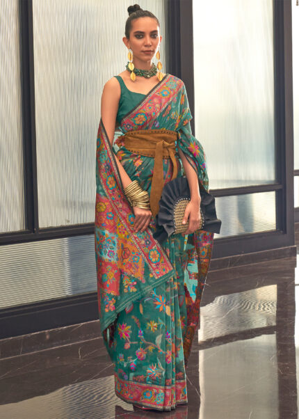 Pine Green Kashmiri Jamawar Silk Saree