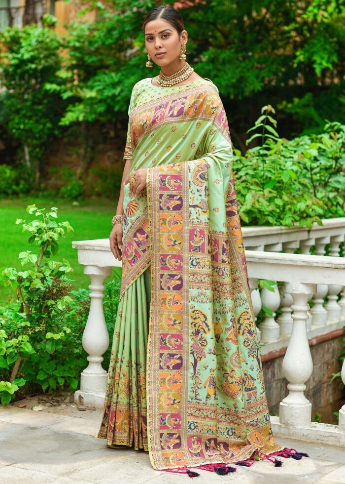 Pista Green Kashmiri Jamawar Silk Saree