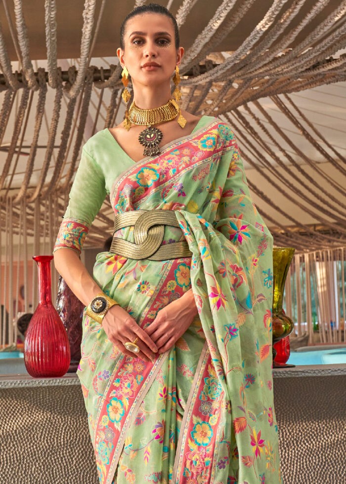 Pista Green Kashmiri Jamawar Silk Saree