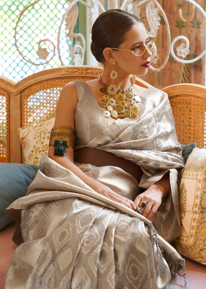 Powder Gray Banarasi Tissue Silk Saree