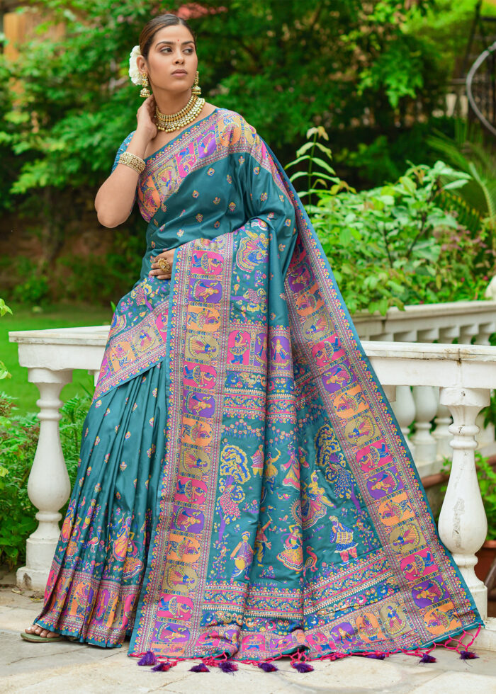 Rama Blue Kashmiri Jamawar Silk Saree