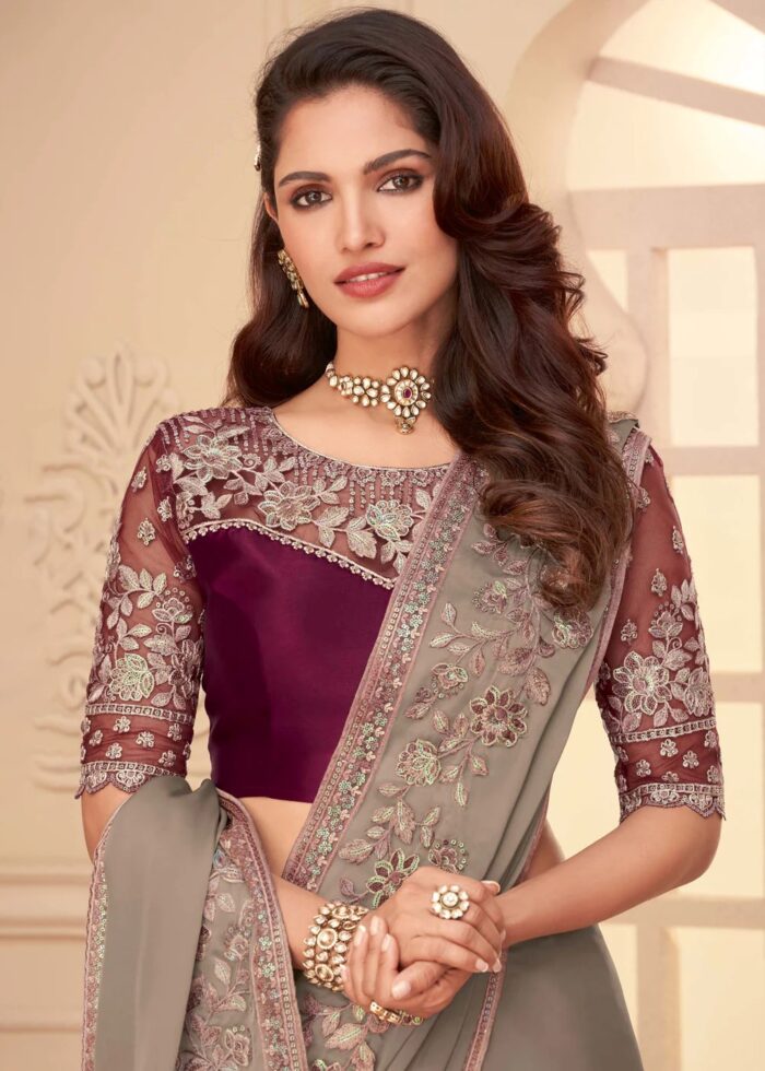 Rich Gray Embroidered Saree