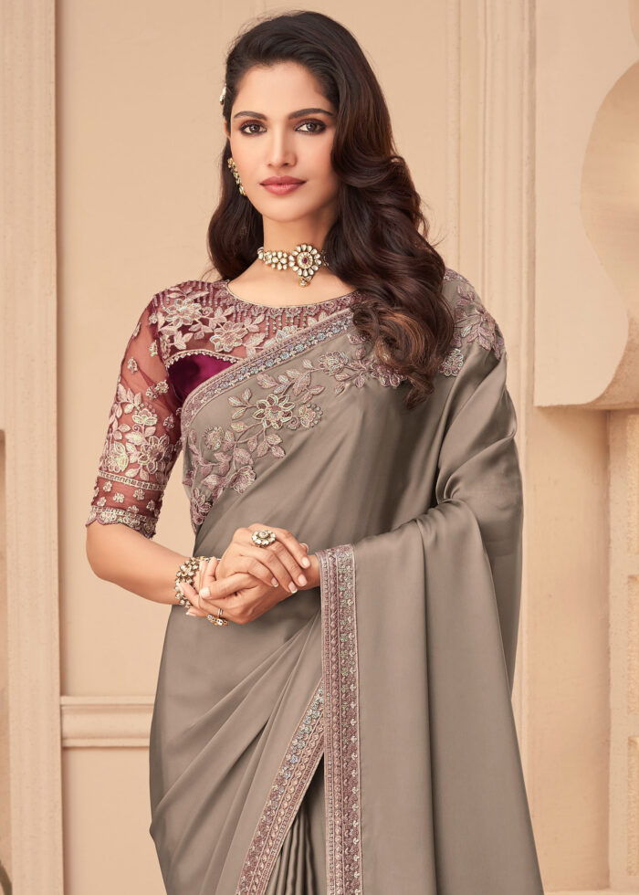 Rich Gray Embroidered Saree