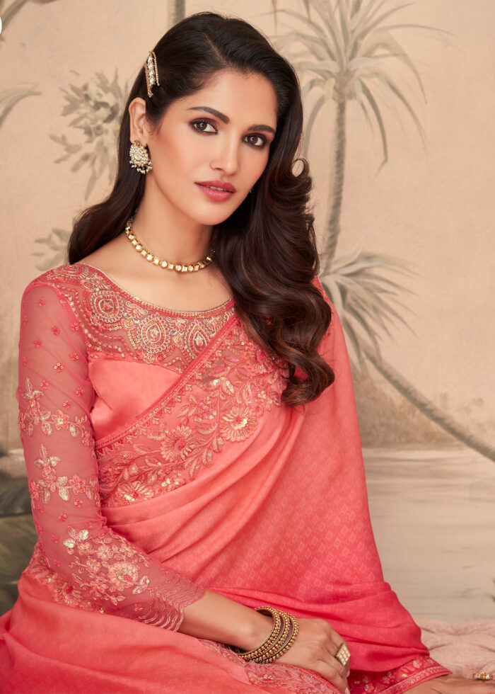 Salmon Pink Embroidered Saree