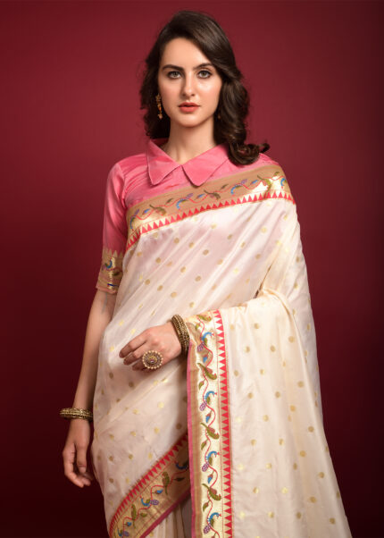 Snow White Paithani Silk Saree