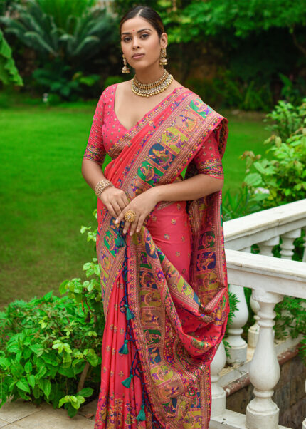 Strawberry Red Kashmiri Jamawar Silk Saree