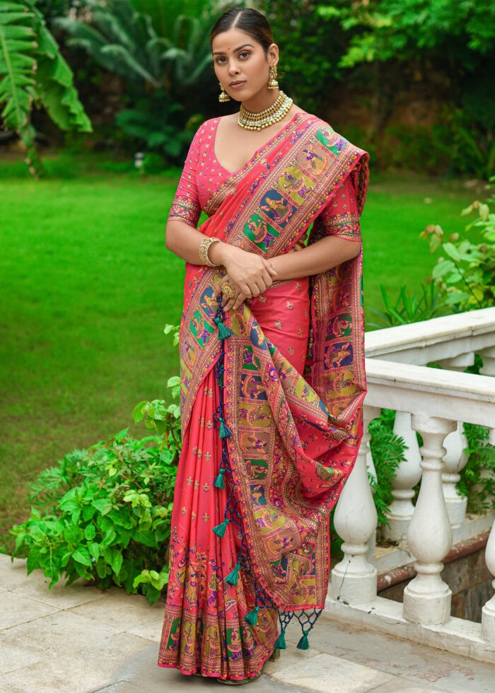 Strawberry Red Kashmiri Jamawar Silk Saree