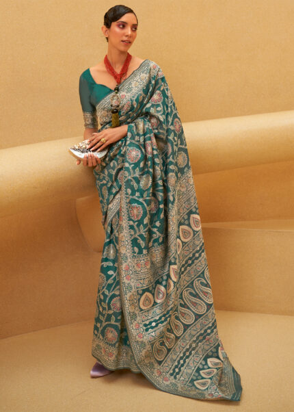 Teal Green Lucknowi Chikankari Silk Saree