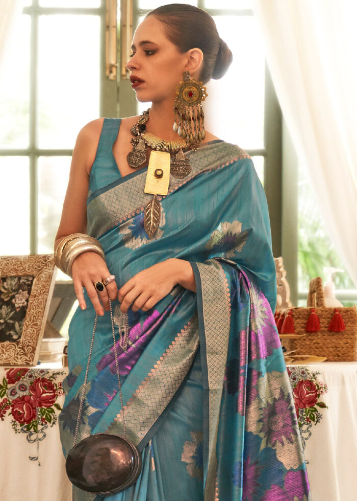 Turquoise Blue Banarasi Silk Handloom Saree