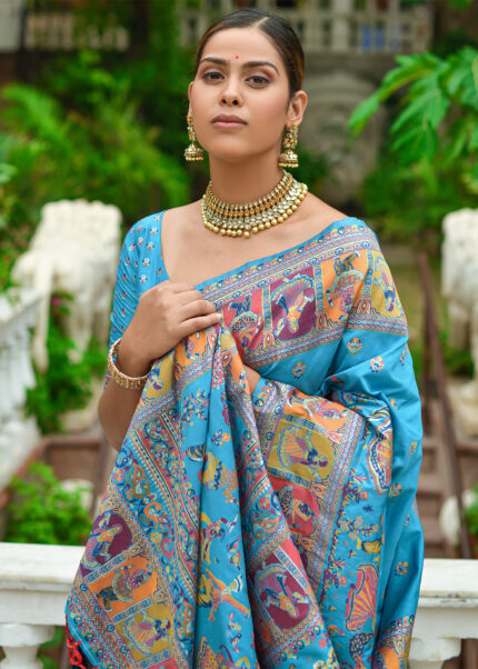 Turquoise Blue Kashmiri Jamawar Silk Saree