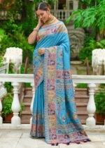 Turquoise Blue Kashmiri Jamawar Silk Saree