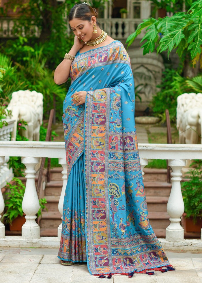 Turquoise Blue Kashmiri Jamawar Silk Saree