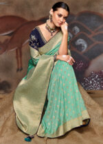 Turquoise Green Banarasi Dola Silk Saree