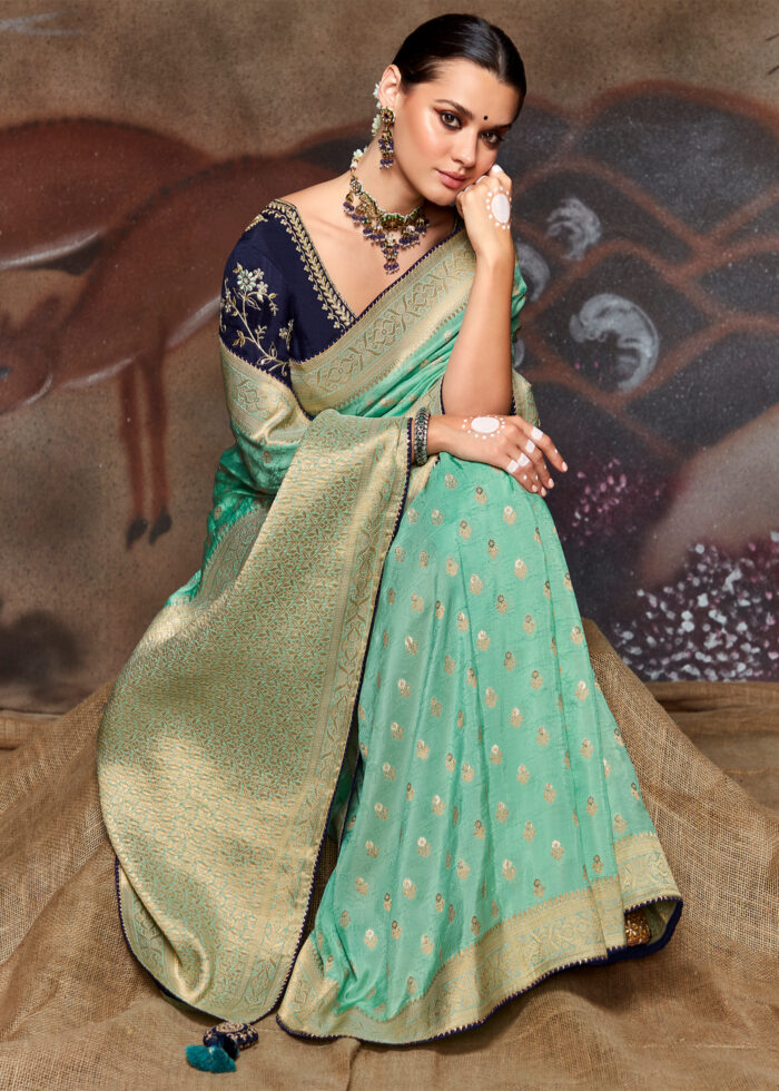 Turquoise Green Banarasi Dola Silk Saree