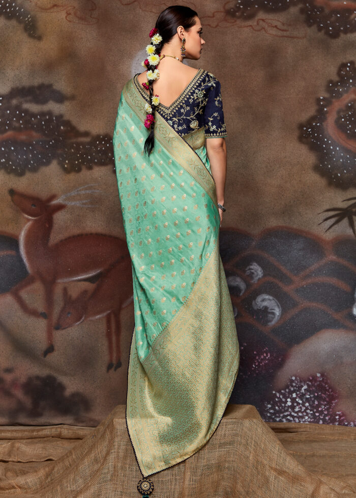 Turquoise Green Banarasi Dola Silk Saree