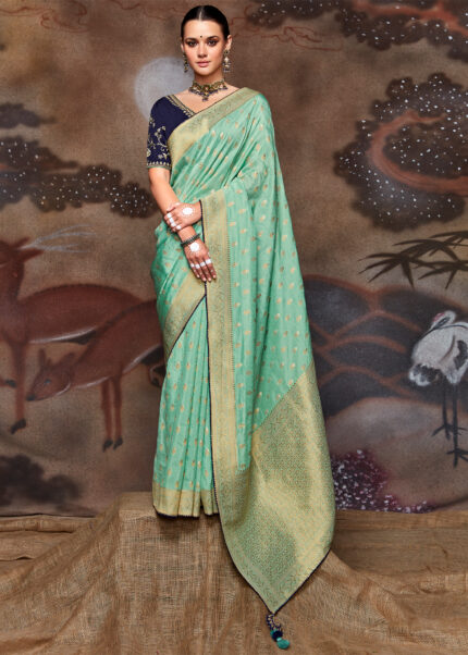 Turquoise Green Banarasi Dola Silk Saree