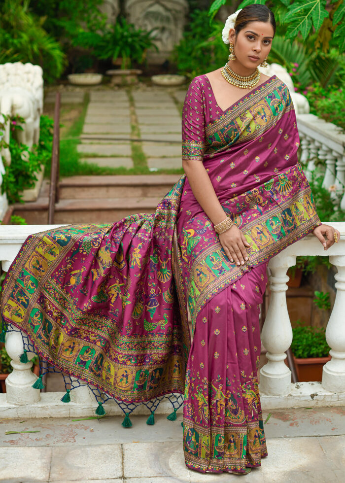 Wine Kashmiri Jamawar Silk Saree