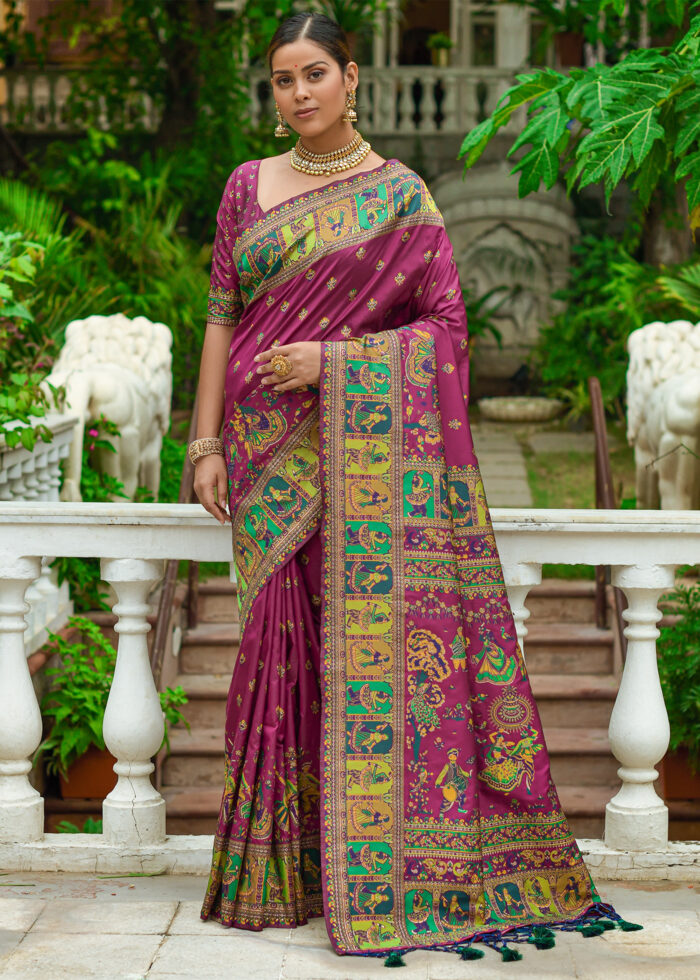 Wine Kashmiri Jamawar Silk Saree