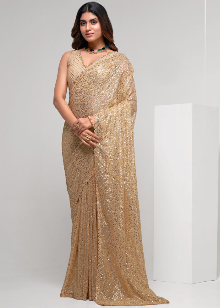 Beige Sequins Embroidery Georgette Saree