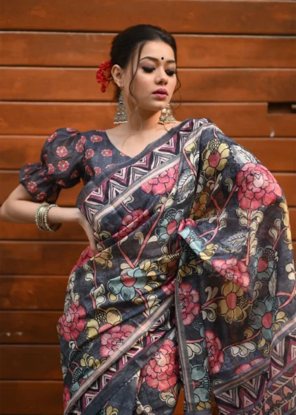 Black Kalamkari Linen Saree