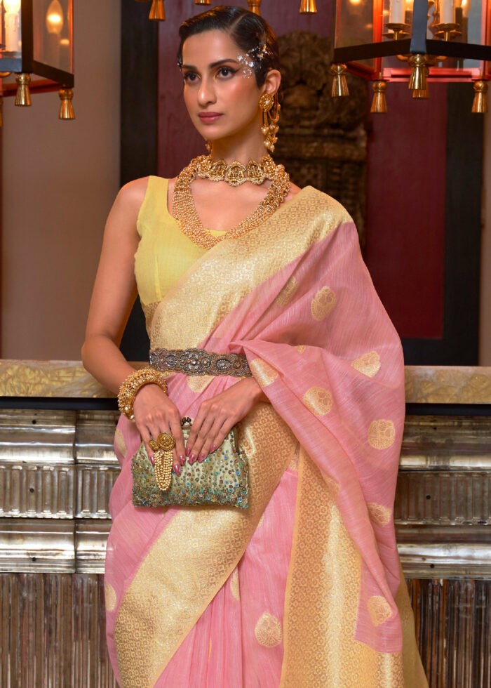 Blossom Pink Woven Linen Silk Saree