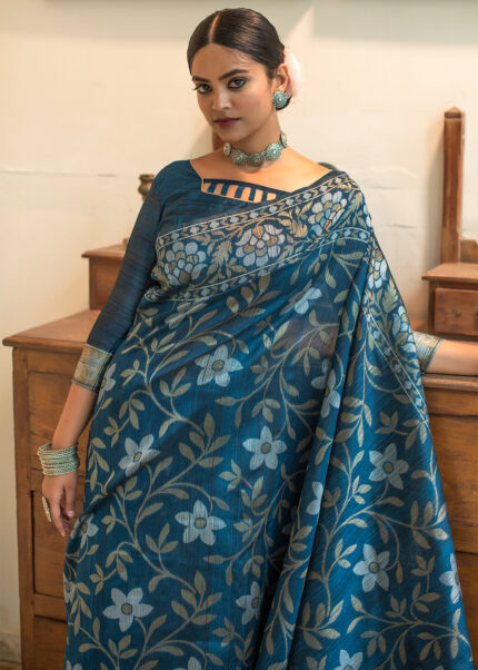 Blue Jamdani Tussar Silk Saree