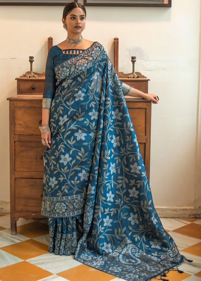 Blue Jamdani Tussar Silk Saree