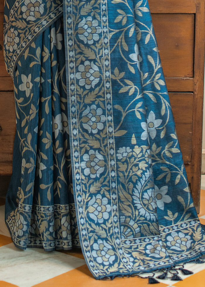 Blue Jamdani Tussar Silk Saree