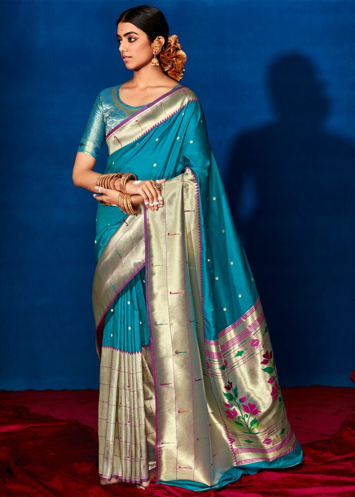 Bondi Blue Paithani Silk Saree