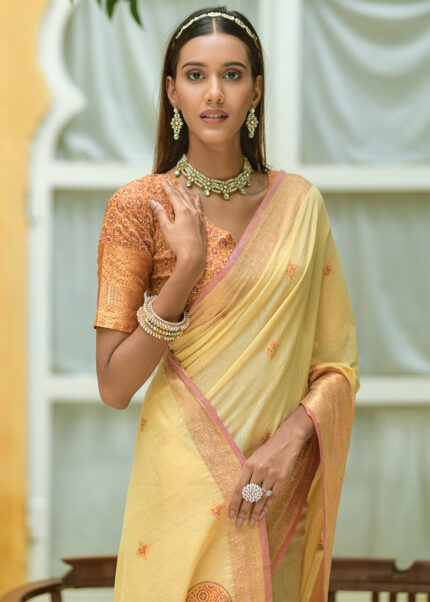 Bright Yellow Cotton Silk Saree