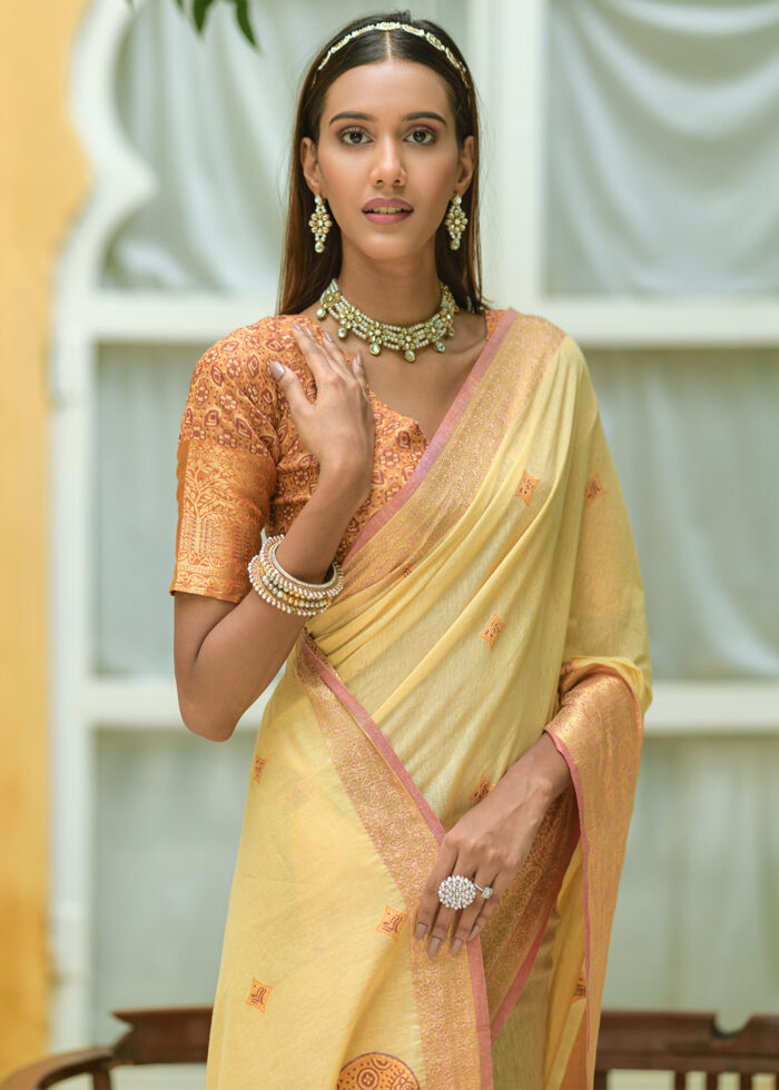 Bright Yellow Cotton Silk Saree