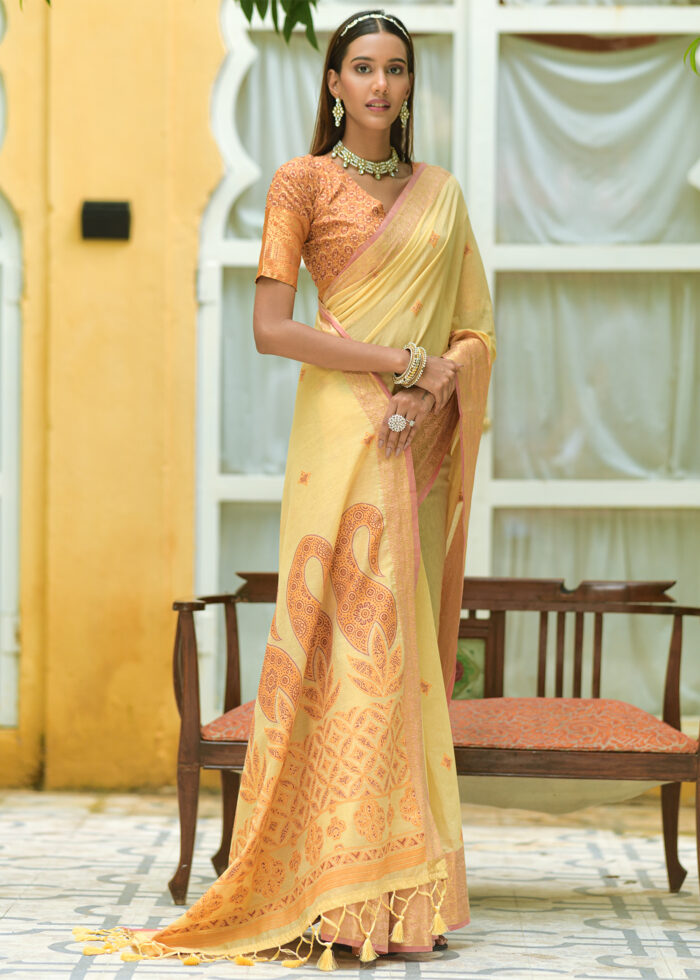 Bright Yellow Cotton Silk Saree