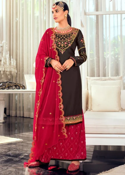 Brown & Venetian Red Georgette Sharara Suit