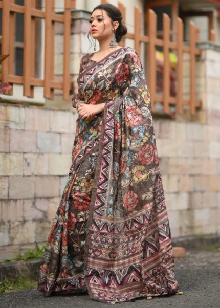 Coffee Kalamkari Linen Saree