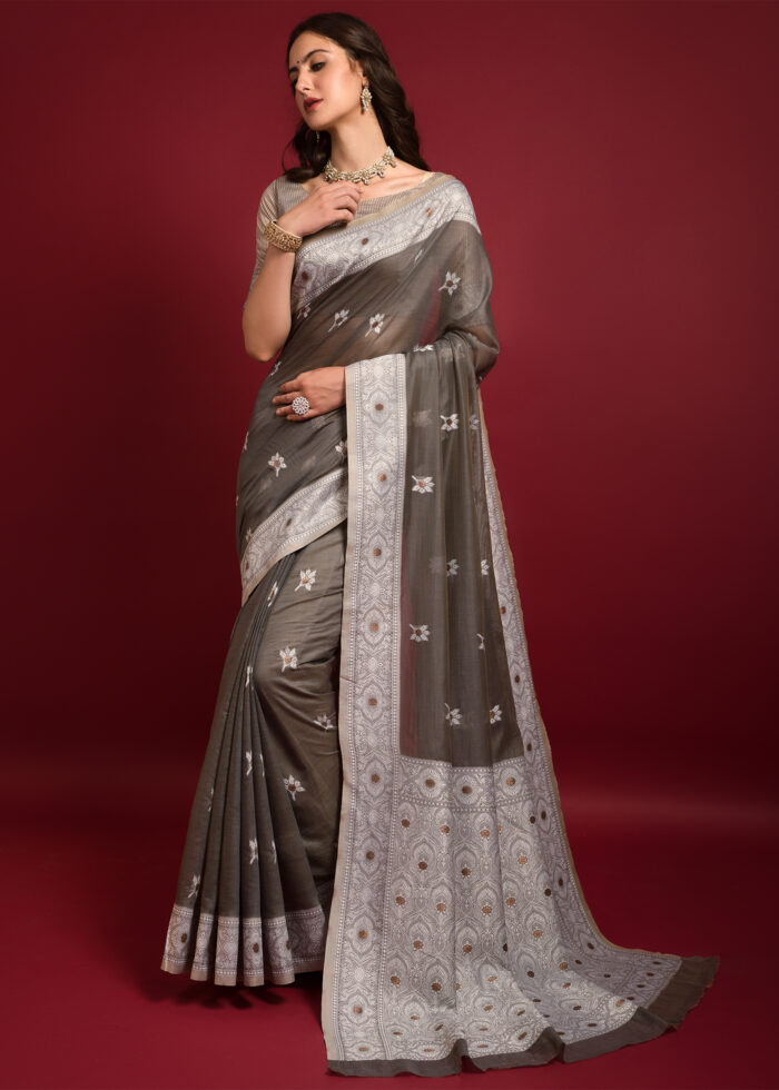 Coffee Lucknowi Chikankari Chanderi Saree