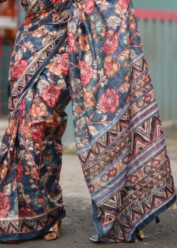 Dark Blue Kalamkari Linen Saree