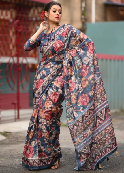 Dark Blue Kalamkari Linen Saree