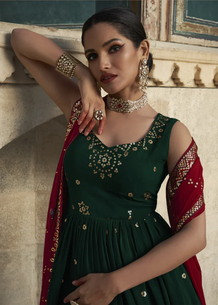 Dark Green Embroidered Georgette Anarkali Gown