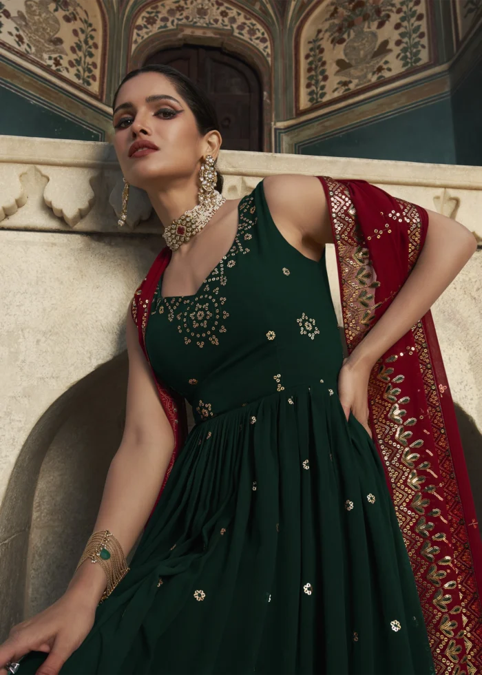 Dark Green Embroidered Georgette Anarkali Gown