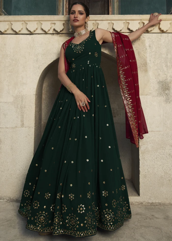 Dark Green Embroidered Georgette Anarkali Gown