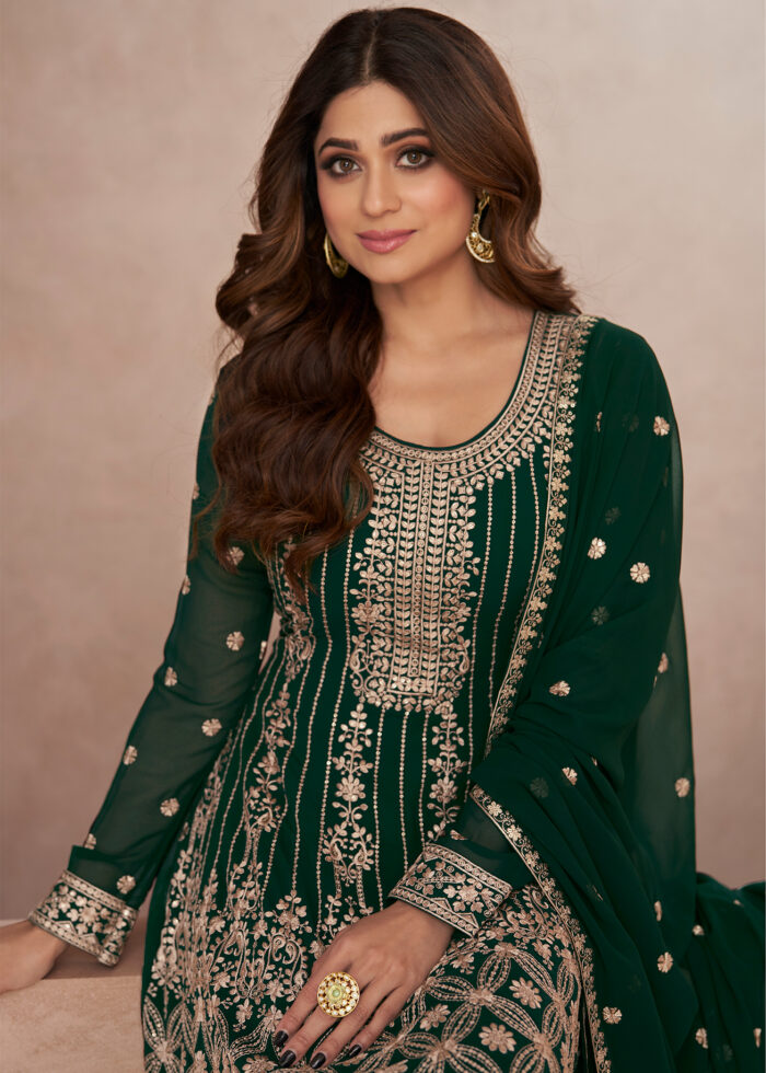 Dark Green Embroidery Palazzo Suit