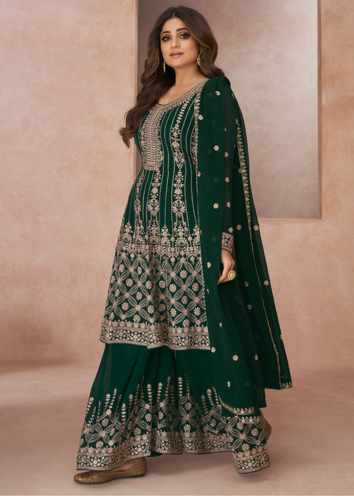 Dark Green Embroidery Palazzo Suit