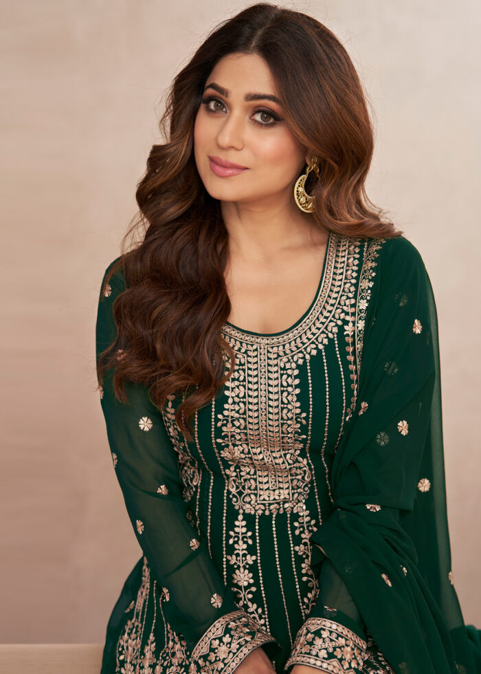 Dark Green Embroidery Palazzo Suit