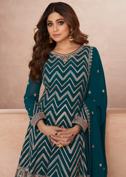 Deep Teal Embroidery Palazzo Suit