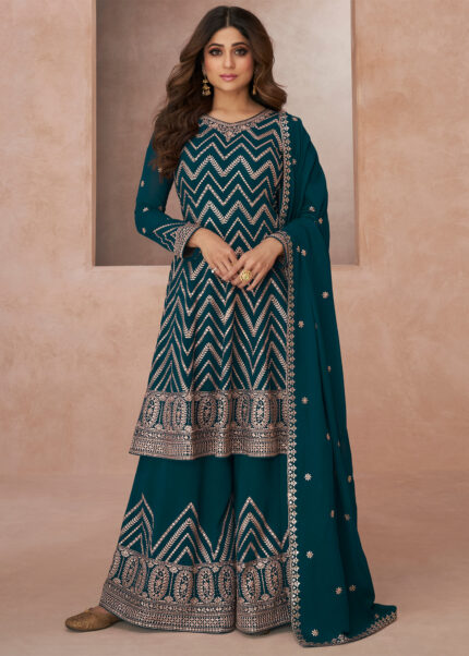 Deep Teal Embroidery Palazzo Suit