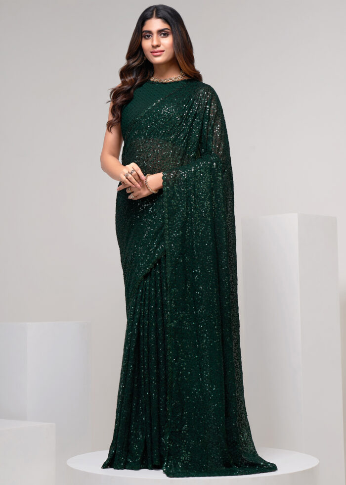 Emerald Green Sequins Embroidery Georgette Saree