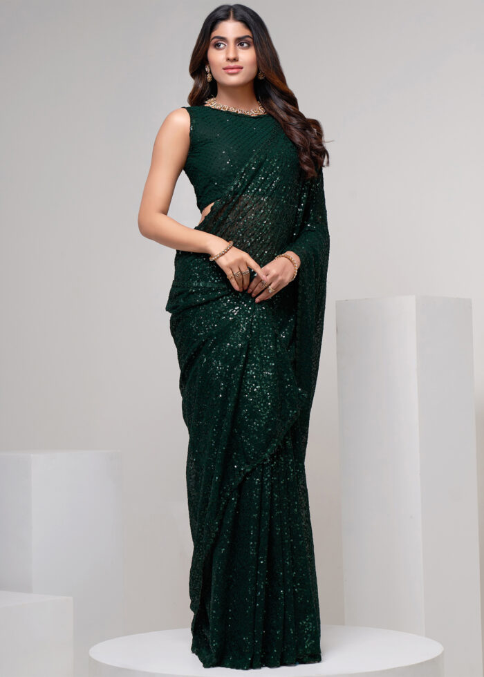 Emerald Green Sequins Embroidery Georgette Saree